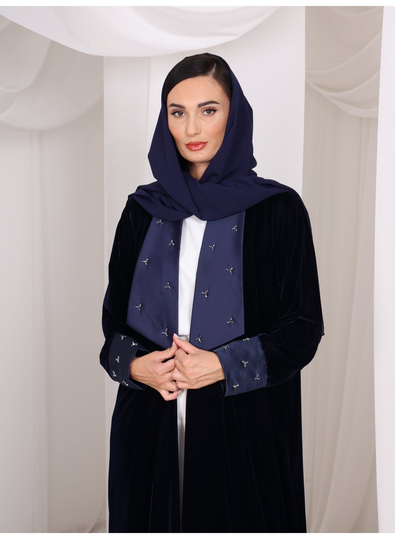 Royal Vision Navy Blue Velvet Embellished Abaya with Matching Scarf - Image 3